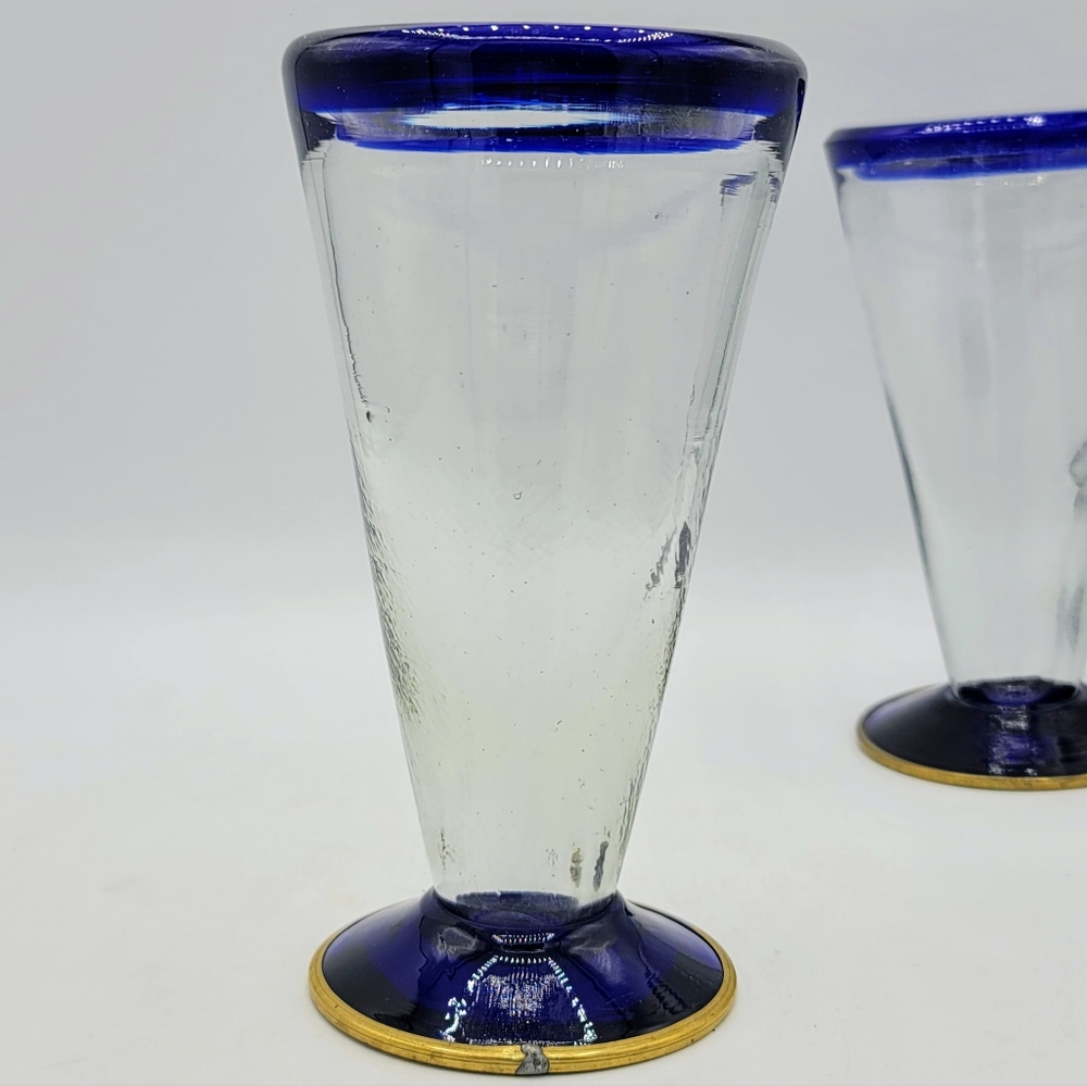 Hand Blown Mexican Pilsner Glasses Set of 2 Blue Rim Bubble Beer Rustic Barware - Picture 7 of 11